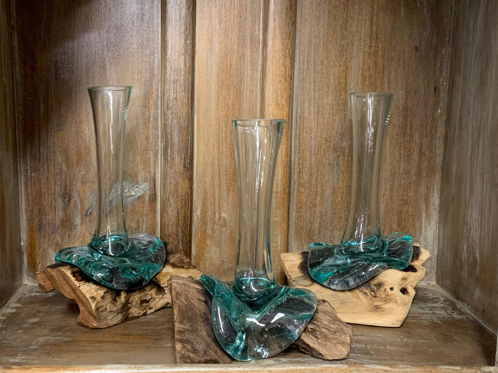 Glass Vase on Natural Wood Base (approx. 9"h)