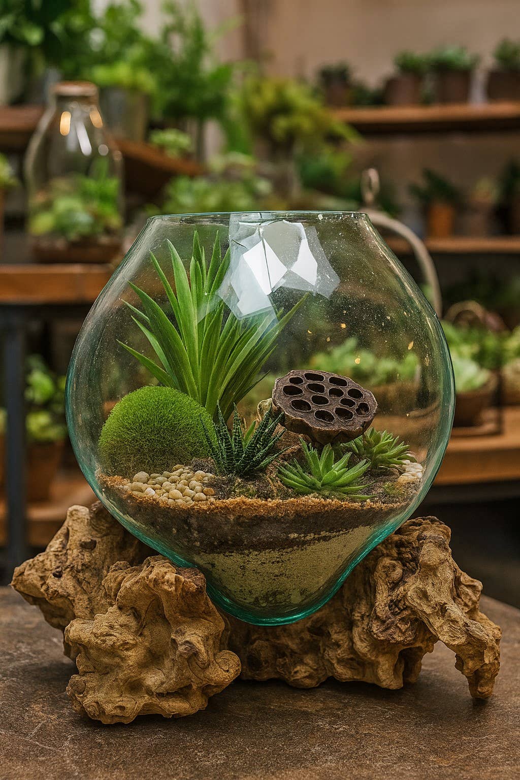Molten Glass & Wood Terrarium (approx. 12"x10"x10")