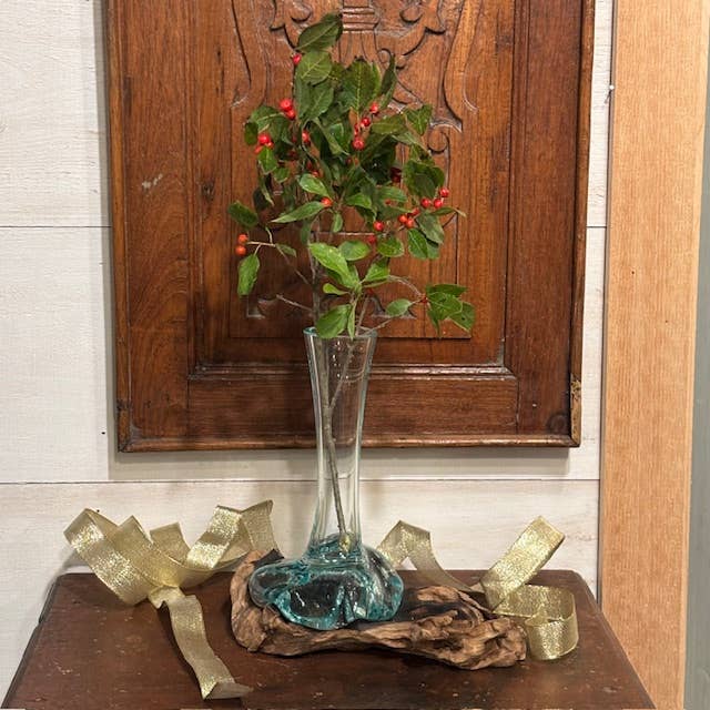 Glass Vase on Natural Wood Base (approx. 9"h)