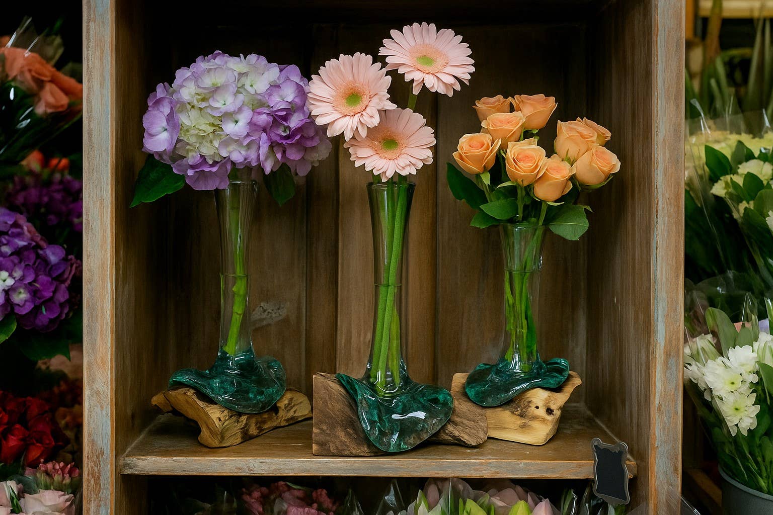 Glass Vase on Natural Wood Base (approx. 9"h)