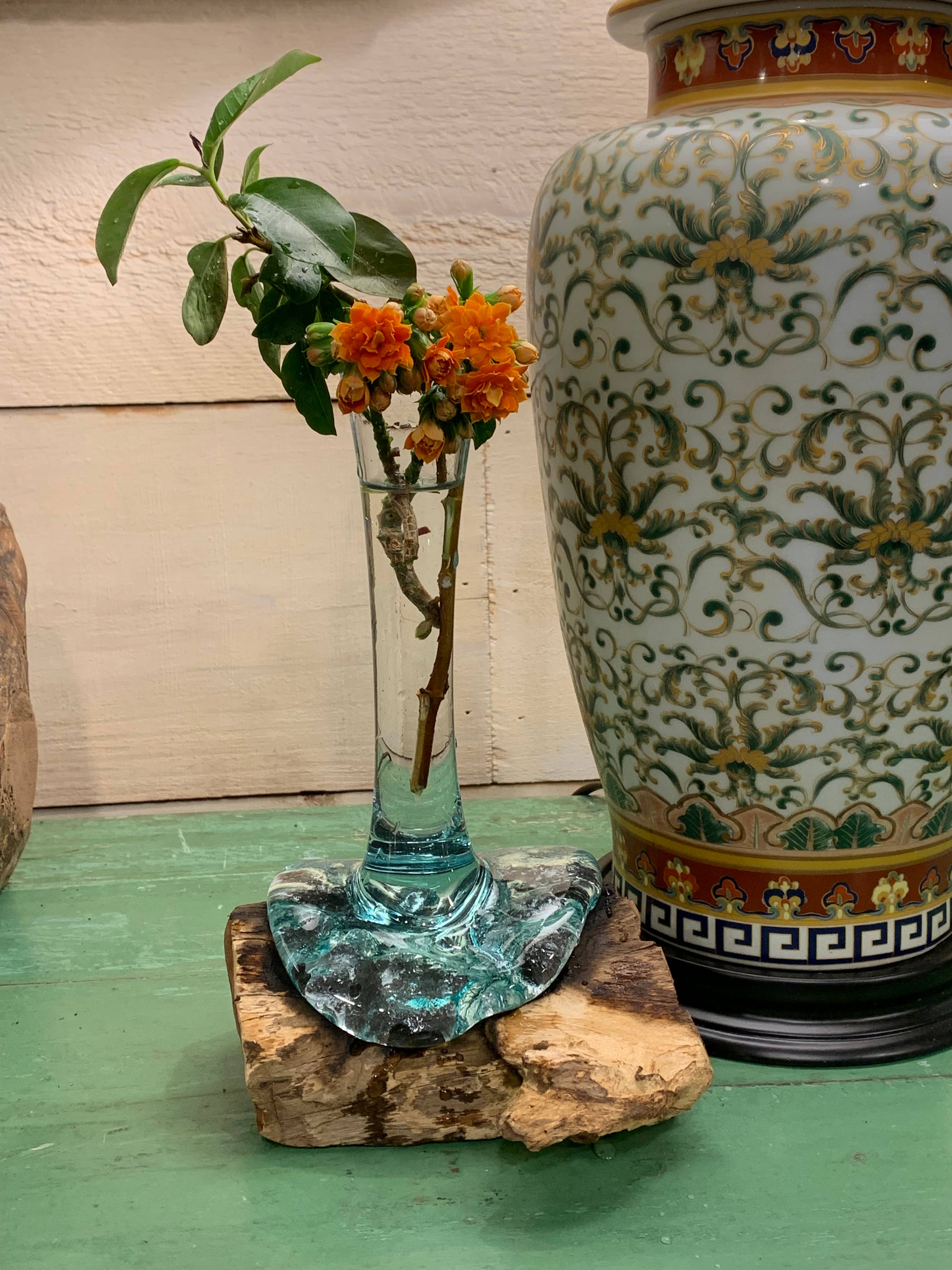 Glass Vase on Natural Wood Base (approx. 9"h)