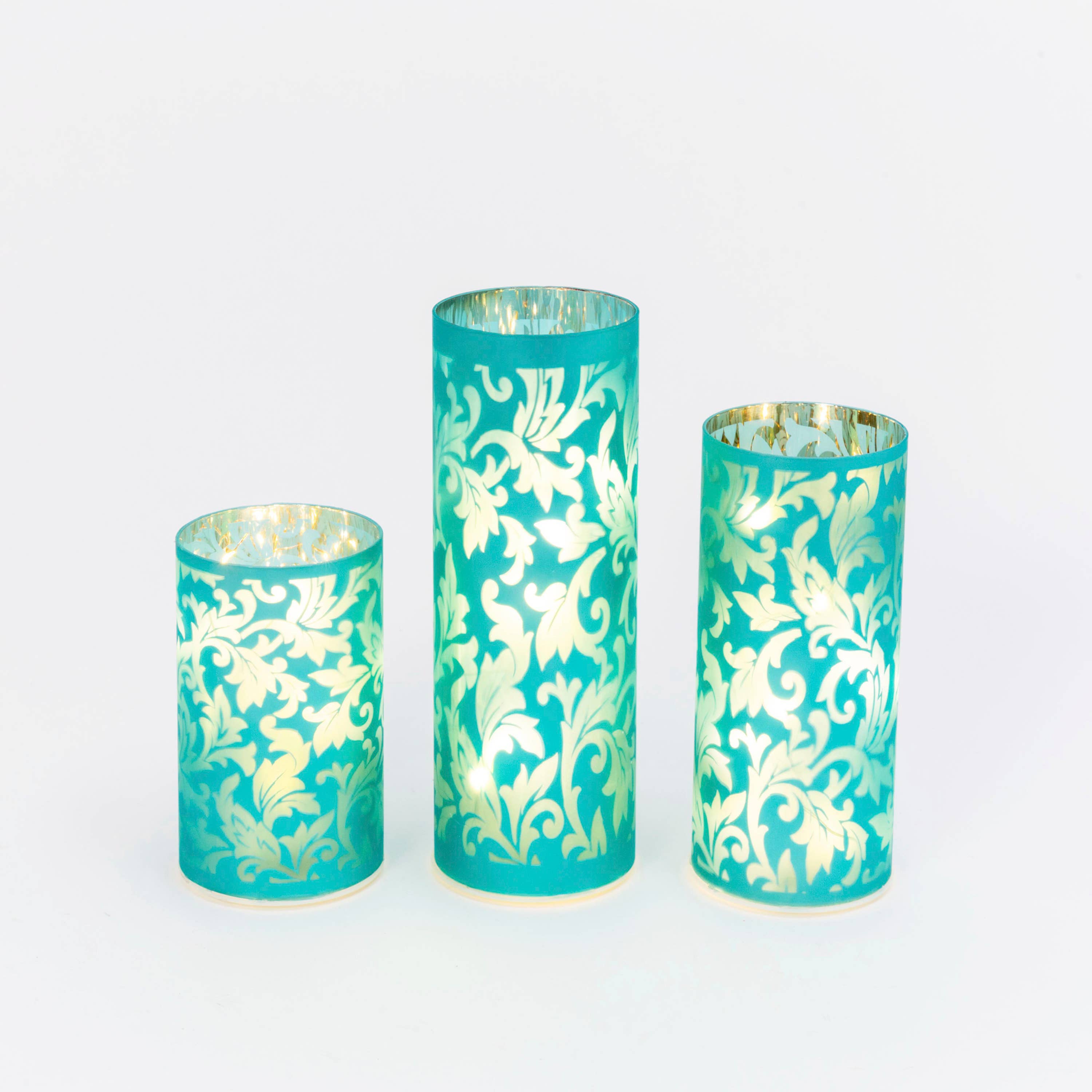 Promo S/3 B/O Lighted Blue Glass Luminaries, Lg is 9.8"H (Me