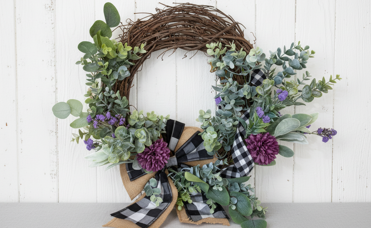 Spring wreath with purple accents
